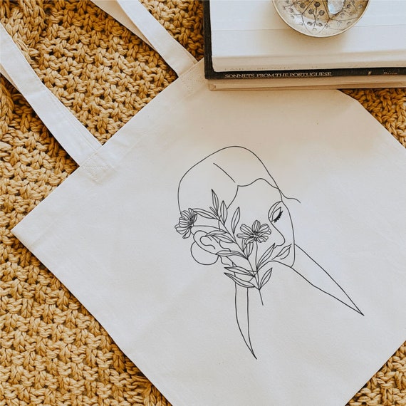 Line Art Woman Tote Bag Botanical Figure Drawing Farmers