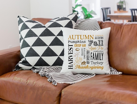 Autumn Pillow Cover with optional insert, Fall Word Art Pillow, Harvest Thanksgiving Crisp Air Turkey Pumpkins