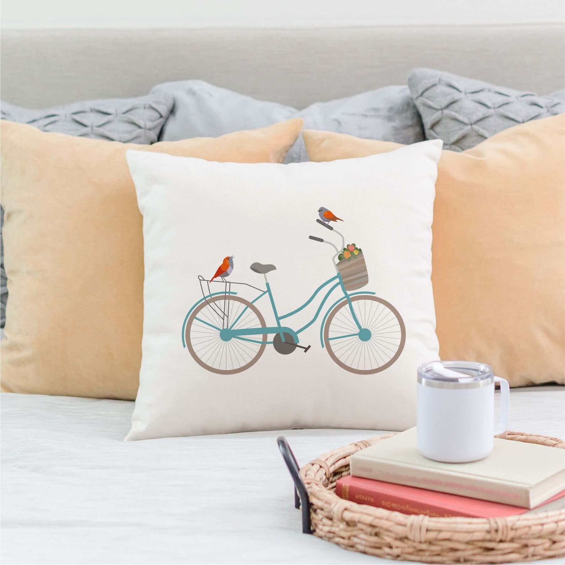 Bicycle Pillow Cover With Optional Insert Bicycle Home Decor Colorful Retro Bicycle With Basket Decorative Throw Pillow Etsy