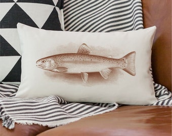 Trout Lumbar Pillow with Optional insert / Vintage Fish Illustration Pillow