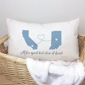 Miles Apart But Close At Heart Lumbar Pillow, Two states with hearts oblong pillow