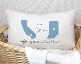 Miles Apart But Close At Heart Lumbar Pillow, Two states with hearts oblong pillow