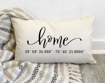 Coordinates Pillow, Latitude Longitude Customized Home Pillow, Housewarming Gift for Couple, Newlywed gift, rustic farmhouse home pillow