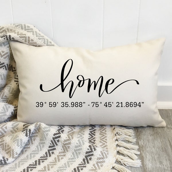 Coordinates Pillow, Latitude Longitude Customized Home Pillow, Housewarming Gift for Couple, Newlywed gift, rustic farmhouse home pillow