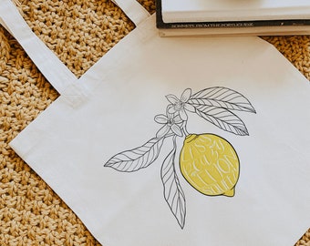 Easy Peasy Lemon Squeezy Cotton Tote Bag / Reusable Farmers Market Tote / Lemon aesthetic illustrated book bag