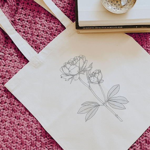 Peony Tote Bag, Cotton Canvas Floral Book Bag