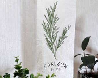 Rosemary Herb Print Flour Sack Tea Towel Personalized with Custom Family Name and Established date, Custom Botanical Tea Towel