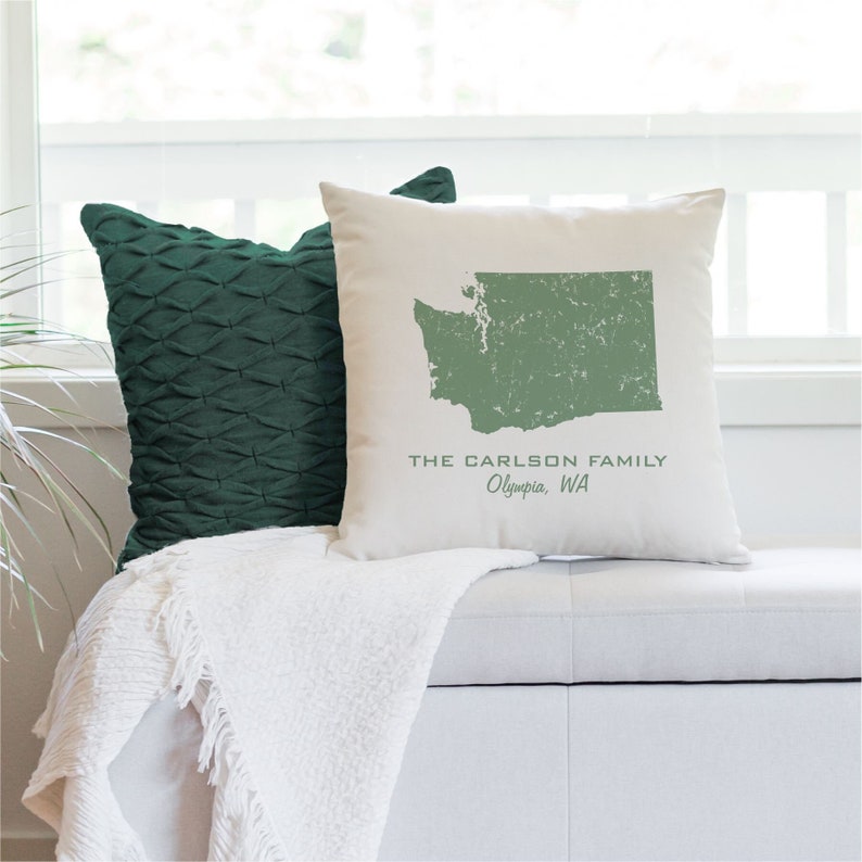 Custom Washington Distressed State Pillow Cover Personalized with Family Name & Hometown image 1