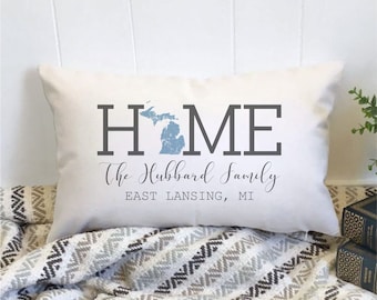 Custom Family Pillow, Michigan Home State Pillow, Oblong lumbar Personalized Family Name and State Pillow, Custom Color, Housewarming Gift