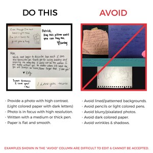 May include: A guide on how to take photos of handwritten notes for digital editing. The left side shows an example of a well-lit, high-contrast photo of a handwritten note on white paper with dark ink. The right side shows examples of photos to avoid, including photos with patterned backgrounds, blurry images, and photos taken on dark-colored paper. The text on the left side reads: "Even though I'm not here right now. I'm still here to give you a hug. Mom. Words can't begin to describe how much I love and appreciate you. Thank you for loving, leading and inspiring me every day. I would not be the woman I am today without you. No matter where life leads me, you will always be home. Never forget that. I love you! Katy. Sweet Dreams I Love you! ~Kai. Patrick, Hug this pillow until you can hug me. Carley. I love you more."