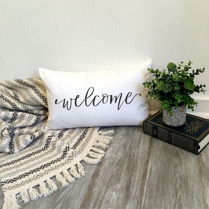 Welcome Pillow, Lumbar Word Pillow, Oblong Entryway Welcome Home Pillow, Custom Color text Pillow image 1