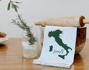 Italian Roots Tea Towel, Italy Flour Sack Towel, Map of Italy, Custom Flour Sack Towel Housewarming gift, Heritage Gift for Italian Kitchen