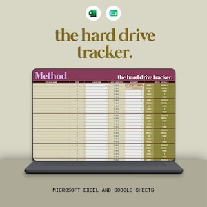 Könnte beinhalten: Ein Laptop-Bildschirm zeigt eine digitale Tabellenkalkulation mit dem Titel The Hard Drive Tracker mit Spalten für Ordnername, Größe, Speicherort, letztes Update, Backup-Status und Laufwerksdetails in einer maroon-olivgrünen Optik.