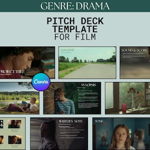 May include: A digital pitch deck template for film with the text Genre: Drama, Pitch Deck Template for Film, and Canva logo. It features multiple slide layouts including Logline, Sound & Score, Synopsis, Writer's Note, and Tone with cinematic imagery.