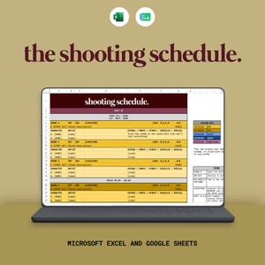 Op de afbeelding: Een laptopscherm met een digitaal opnameschema-sjabloon voor filmproductie. Het spreadsheet bevat kolommen voor scènenummers, locaties, cast en rekwisieten, met een kleurcode voor het tijdstip van de dag. Tekst: the shooting schedule.