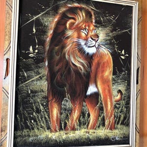 Vintage 70&#39;s Ortiz Lion Painting on Velvet Mexican MCM Art Signed Framed Retro 1970&#39;s Mid Century