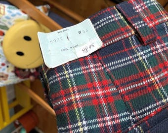 NOS New Vintage Blue Red BOLD Tartan Plaid 100% Wool Pants Slim 34 USA Made Trad Prep