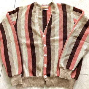 Vintage 1960&#39;s BOLD Striped Cardigan Sweater Sz L Cobain Golf Rockabilly Alpaca?