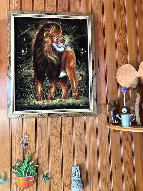 Vintage 70's Ortiz Lion Painting on Velvet Mexican MCM Art Signed