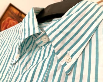 Vintage jaren 90 Brooks Brothers blauwgroen en wit gestreept shirt met korte mouwen M USA Ivy League Prep