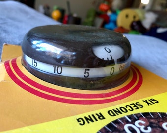 NIP NEW Vintage 60&#39;s 70&#39;s Space Age Borg Dark Brown Mechanical Kitchen Plastic Timer Clock Ringer Made in IRELAND Mid Century Modern Atomic
