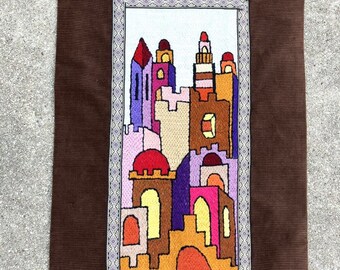 Vintage 70&#39;s Jerusalem Old City Israel Needlepoint Embroidery Tapestry Wall Hanging MCM