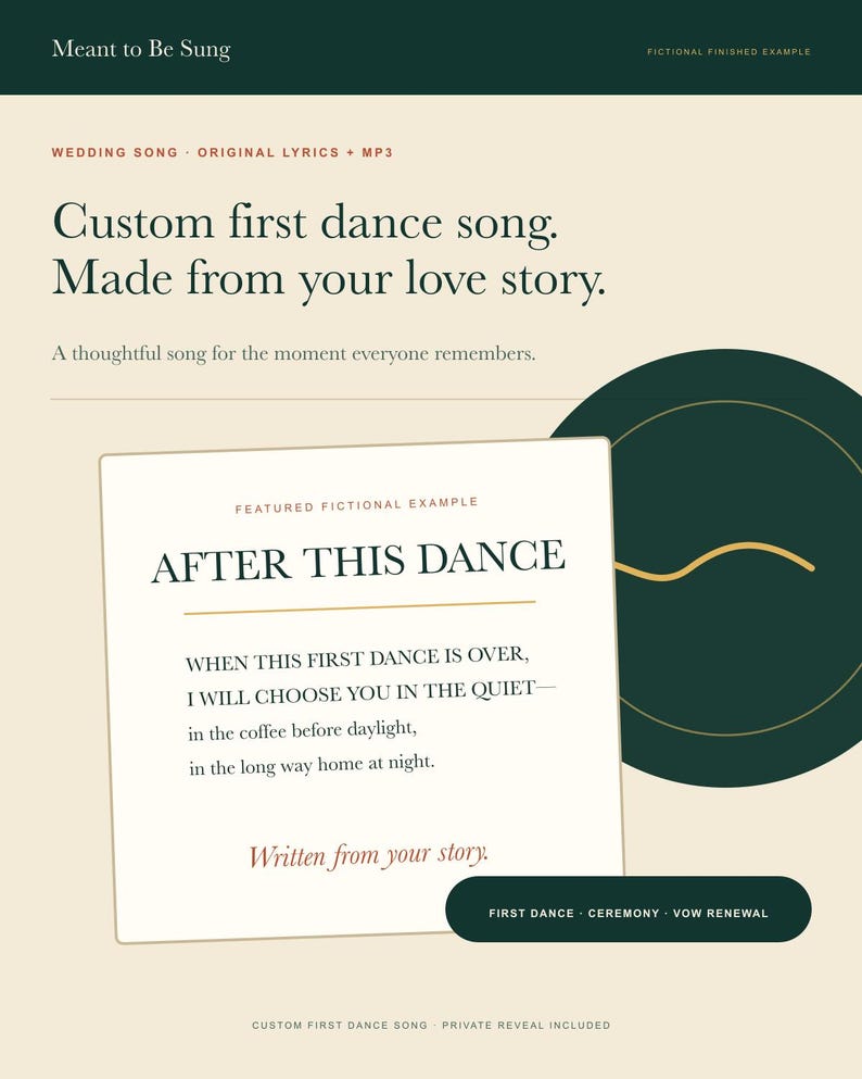 May include: A cream-colored digital flyer with dark green accents featuring the text Meant to Be Sung, Custom first dance song. Made from your love story, and a featured example titled AFTER THIS DANCE with lyrics about choosing someone in the quiet.