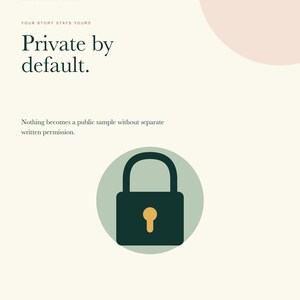 May include: A graphic poster with a cream background featuring the text Meant to Be Sung, Your story stays yours, Private by default, and Nothing becomes a public sample without separate written permission. A dark green padlock icon is centered.
