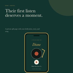 May include: A dark green digital interface displaying the text Meant to Be Sung, Their first listen deserves a moment, and A private gift page with your dedication, story, and song. A smartphone graphic shows a record player icon and the name Diane.