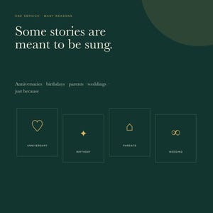May include: A dark green informational graphic titled Meant to Be Sung. It features the text Some stories are meant to be sung, followed by a list of occasions and four gold icons representing an anniversary heart, birthday star, parents house, and wedding infinity symbol.