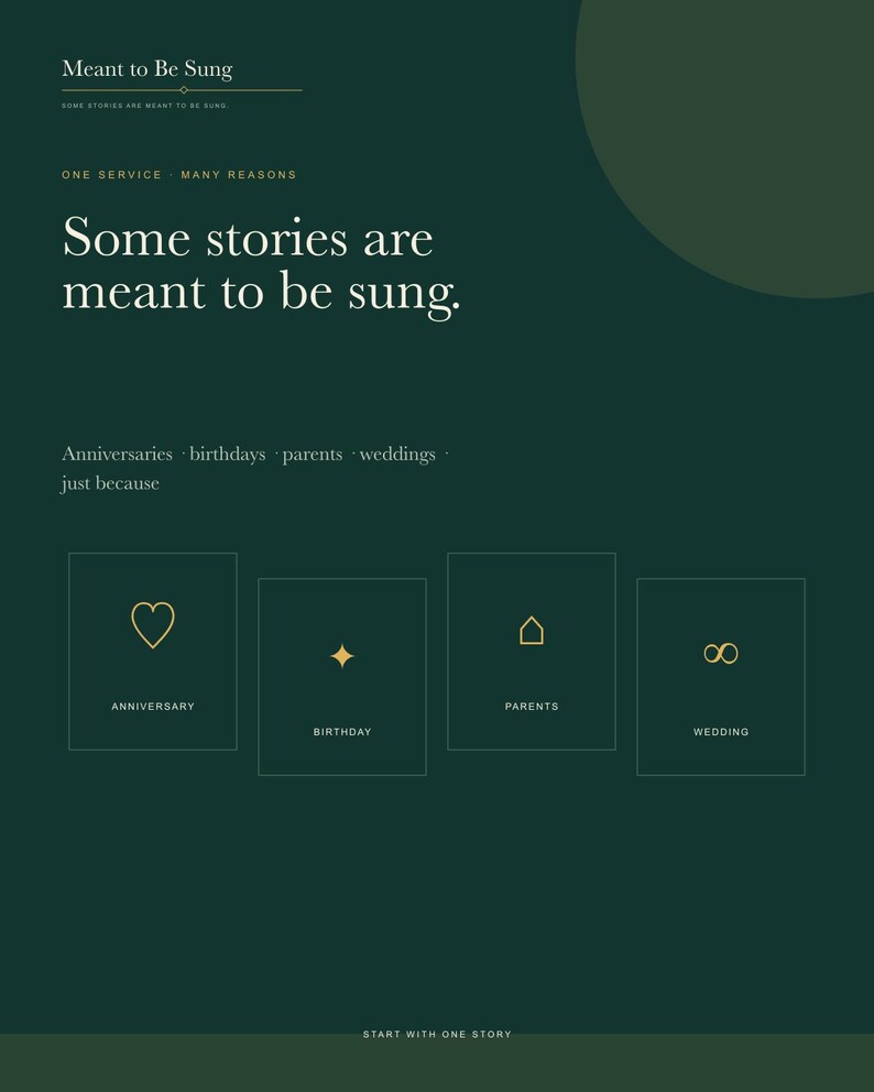 May include: A dark green informational graphic titled Meant to Be Sung. It features the text Some stories are meant to be sung, followed by a list of occasions and four gold icons representing an anniversary heart, birthday star, parents house, and wedding infinity symbol.