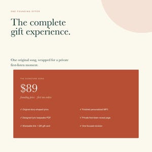 May include: A digital flyer with a cream background and a large rust-colored rectangle. Text includes: Meant to Be Sung, The complete gift experience, One original song, $89, Original story-shaped lyrics, Finished personalized MP3, and QR gift card.