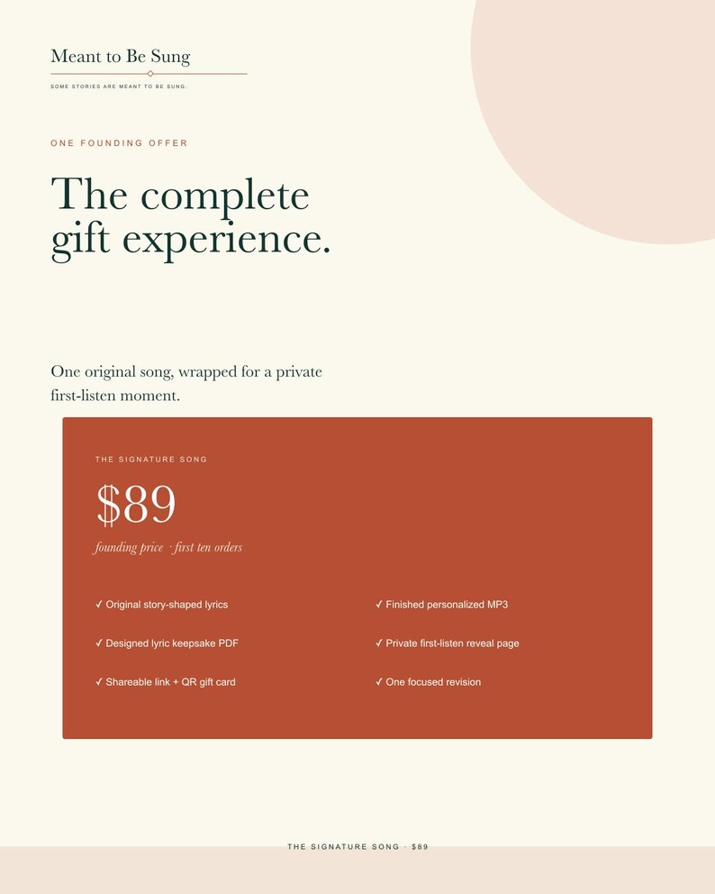 May include: A digital flyer with a cream background and a large rust-colored rectangle. Text includes: Meant to Be Sung, The complete gift experience, One original song, $89, Original story-shaped lyrics, Finished personalized MP3, and QR gift card.