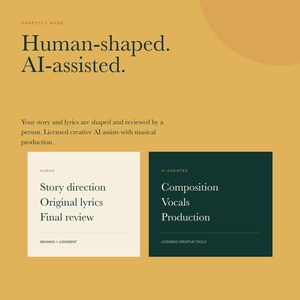 May include: A mustard yellow informational graphic titled Meant to Be Sung. It features the text Human-shaped. AI-assisted. and explains a process involving human story direction, original lyrics, and final review alongside AI-assisted composition, vocals, and production.