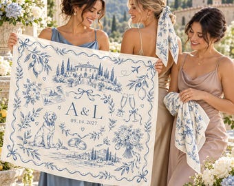 Gepersonaliseerde trouwbandana's en -sjaals, aandenken voor de bruid, cadeau voor de bruidsmeisjes, huwelijksbedankje, sjaal met gepersonaliseerde namen en datum.