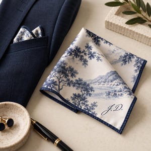 Puede incluir: Un pañuelo de bolsillo cuadrado con fondo blanco y un estampado de paisaje toile de jouy en azul con árboles y montañas. La tela tiene un borde cosido en azul oscuro y las iniciales J.D. bordadas en la esquina inferior derecha.