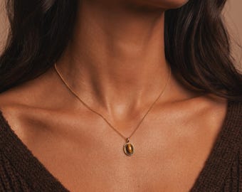 Waterproof Oval Tiger Eye Necklace, S925 Silver Gold Plated Natural Stone Pendant, Protection Jewelry, Courage Gift for Her