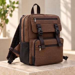 May include: A brown canvas backpack featuring a top handle, adjustable shoulder straps, and multiple zipped compartments. The front includes a flap secured with two black plastic side-release buckles, along with additional zipped pockets and black trim.