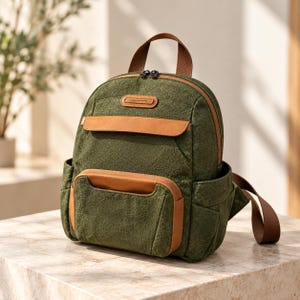 Può includere: Uno zaino in tela verde oliva scuro con finiture in similpelle color cuoio sulla tasca anteriore e sulla patta superiore. La borsa presenta un manico superiore, due tasche laterali, spallacci in tessuto marrone e una piccola toppa rettangolare.