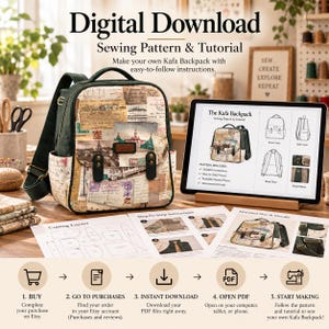 Pode incluir: Um molde de costura e tutorial para download digital da mochila Kafa. A imagem mostra uma mochila acabada com uma estampa de cartões postais vintage, um tablet exibindo instruções e guias impressos para corte e montagem.