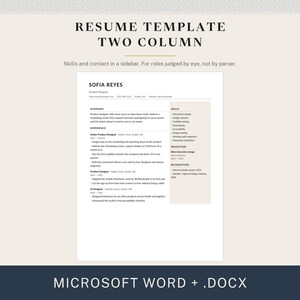 May include: A two-column resume template in Microsoft Word .docx format. The document features a header with the name Sofia Reyes, a summary, experience, and education sections, plus a sidebar for skills and recognition in a light beige box.