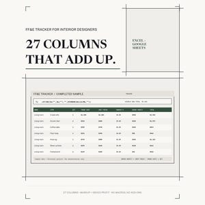 Mall för FF&E-schema i Google Sheets och Excel, FFE-möbelschema för inredningsarkitekter, budgetspårare, direktnedladdning
