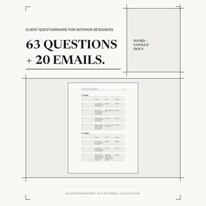 Cuestionario para clientes de diseño de interiores, formulario de descubrimiento de 63 preguntas y 20 plantillas de correo electrónico para clientes, editables en Word y Google Docs.