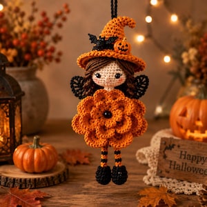 May include: A crocheted doll ornament featuring a figure with brown hair wearing an orange witch hat adorned with a small black bat and pumpkin. The doll has black wings, a skirt made of orange flower petals, and striped legs with black shoes.