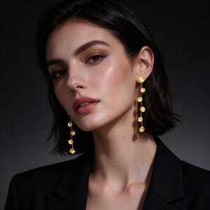 May include: A pair of long gold drop earrings featuring a delicate chain design adorned with multiple small, circular, textured gold discs that hang vertically from the earlobe, creating a shimmering and layered effect against the dark background.