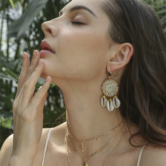 Long Sea Shell Statement Drop Dangles Earrings fo… - image 1