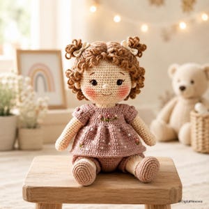 May include: A crochet doll with curly brown hair styled in two pigtails with white bows. The doll has a cream-colored face with rosy cheeks and wears a dusty pink dress featuring small white polka dots and embroidered floral details at the chest.