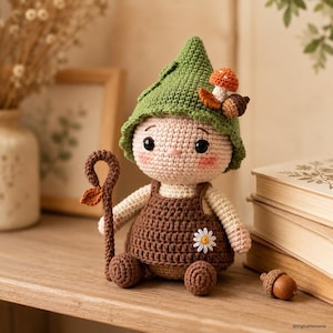 May include: A crochet doll featuring a light skin tone, wearing a green pointed hat adorned with a small mushroom and an acorn. The doll wears brown overalls with a white daisy appliqué and holds a brown staff with a leaf. The text DigitalNexovia is visible.