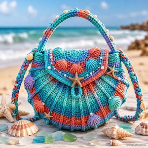 May include: A round crochet handbag featuring a gradient of teal, blue, and orange yarn. The bag is decorated with various seashells, small white pearls, and a central starfish on the flap. It includes a braided handle and shoulder strap.