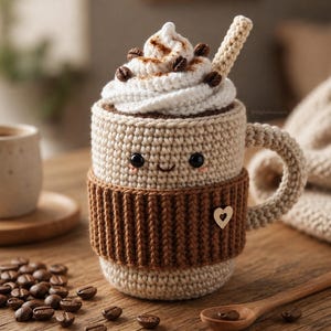 May include: A beige crocheted mug cozy featuring a dark brown ribbed sleeve with a small wooden heart button. The mug has a smiling face with black eyes and pink cheeks, topped with white crocheted whipped cream, coffee beans, and a straw.